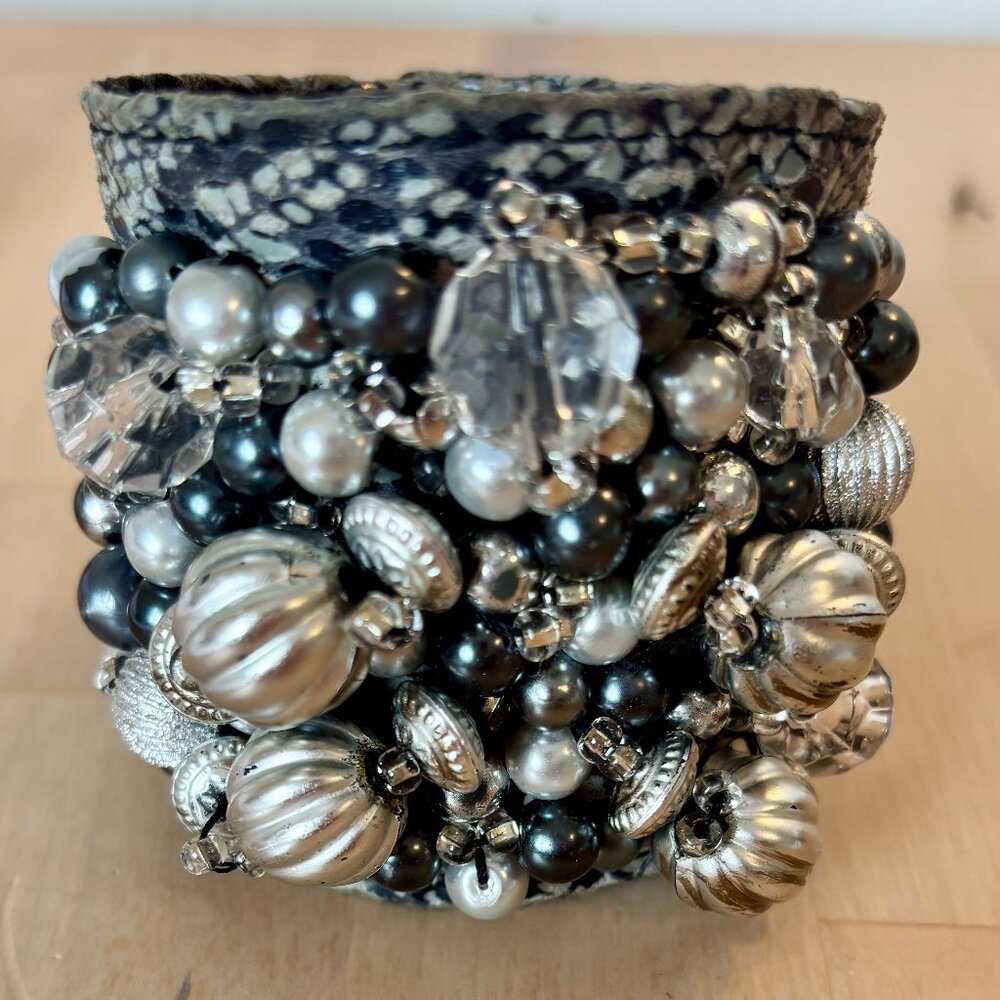 Silver and Grey toned Leather Cuff with Beading